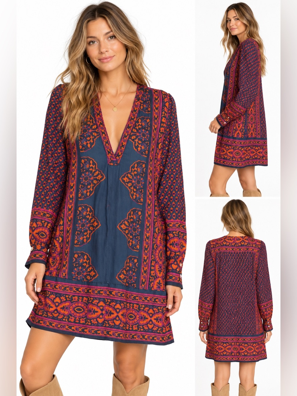 Free People Navy Dress with Fuchsia and Orange Paisley Border
